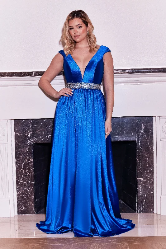 Brocade Formal Dress Dylan & Davids DD1314 Long Formal Royal Blue Beaded Belt Dress