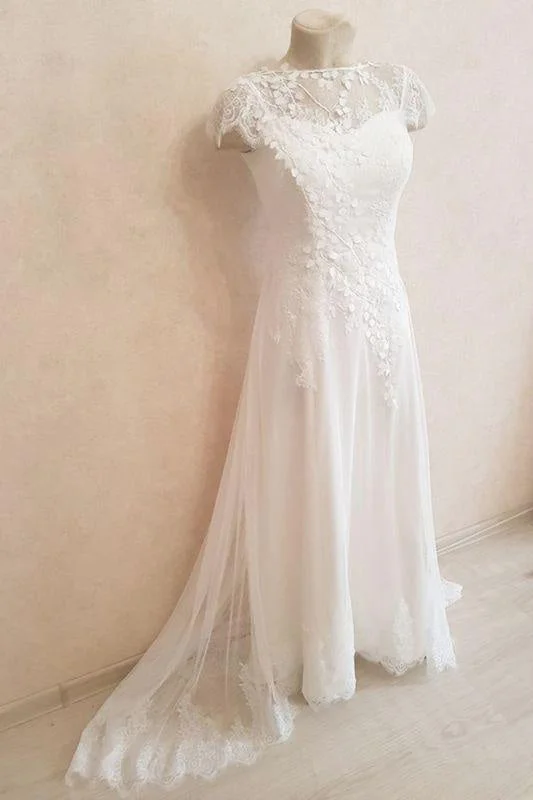 Bridelily Elegant Cap Sleeve Lace Tulle A-line Wedding Dress