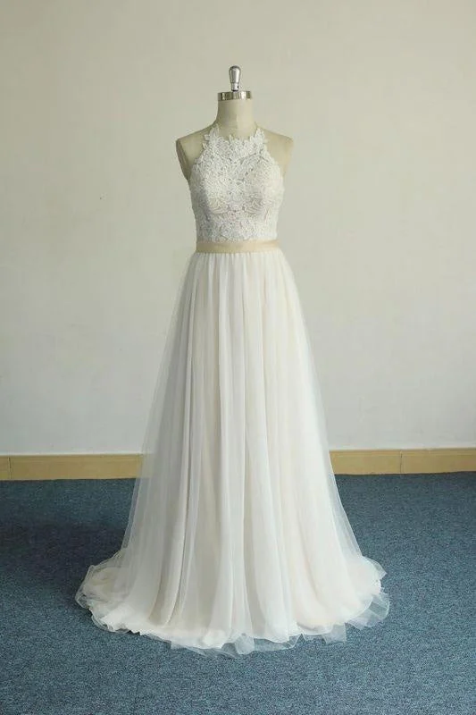 Bridelily Elegant Halter Lace Tulle A-line Wedding Dress