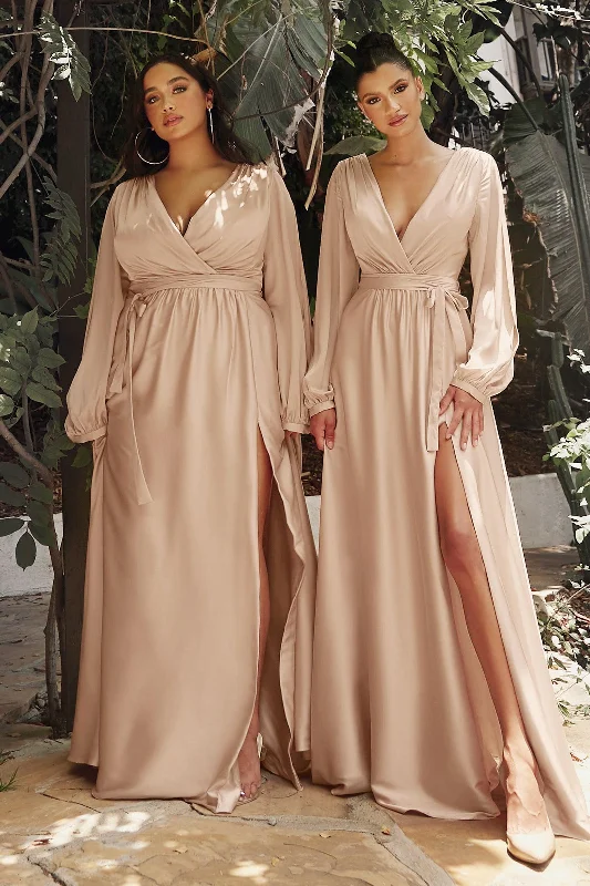 Cinderella Divine 7475C Plus Size Formal Long Sleeve Satin Dress Nude