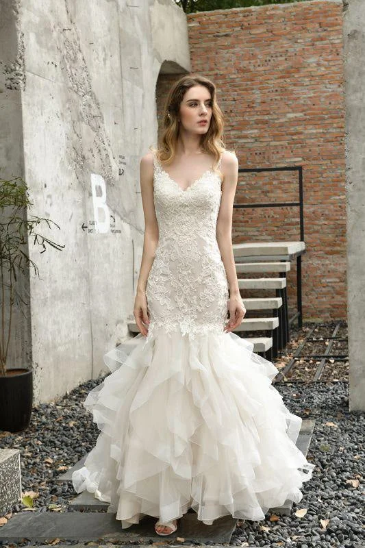 Bridelily Gorgeous Appliques Mermaid Organza Wedding Dress