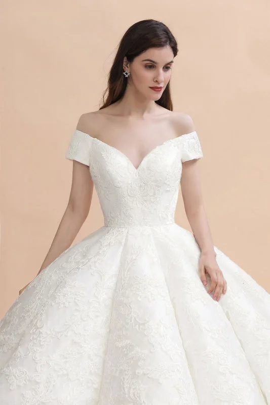 Off The Shoulder Lace Beaded Ball Gown Wedding Dress