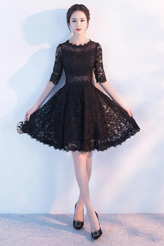 Half Sleeves Black Lace Short Prom Dresses, Black Lace Homecoming Dresses, Black Formal Graduation Evening Dresses