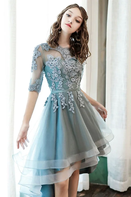 High Low Half Sleeves Lace Short Prom Dresses, High Low Lace Homecoming Dresses, Short Lace Formal Evening Dresses