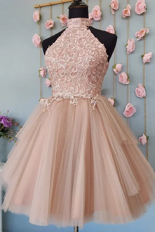 High Neck Open Back Champagne Lace Short Prom Dresses, Champagne Lace Homecoming Dresses, Champagne Formal Evening Dresses