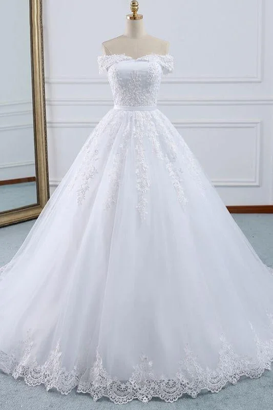 Bridelily Lace-up Off Shoulder Appliques Tulle Wedding Dress