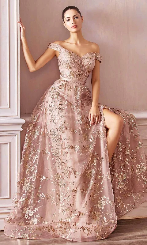 Ladivine CB069 - Adorned Print Off-Shoulder Modest Prom Gown