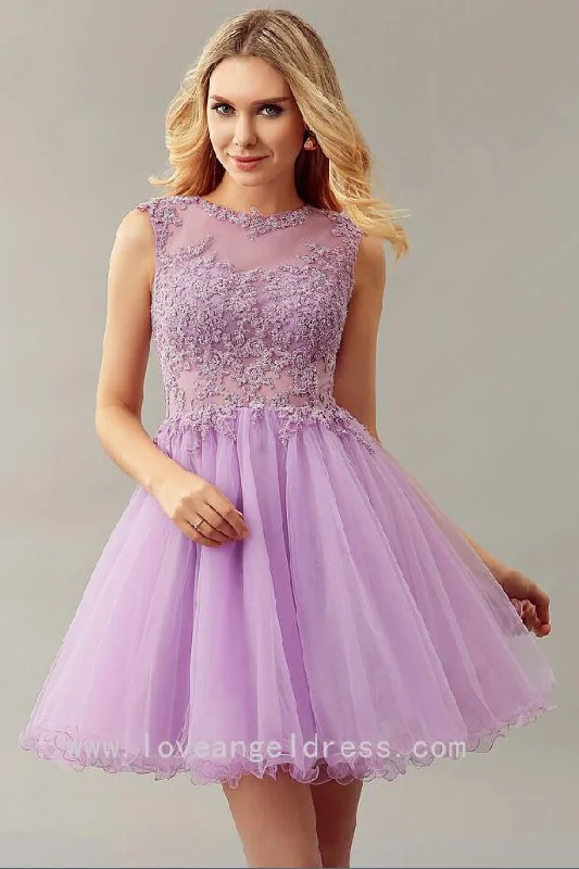 Lilac Lace Bead Sleeveless Custom Homecoming Dress Short