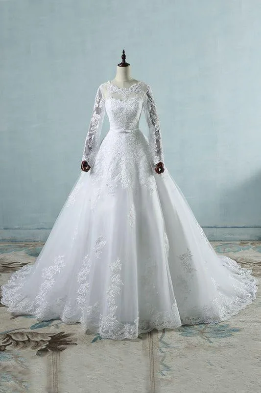 Bridelily Long Sleeve Appliques Tulle A-line Wedding Dress