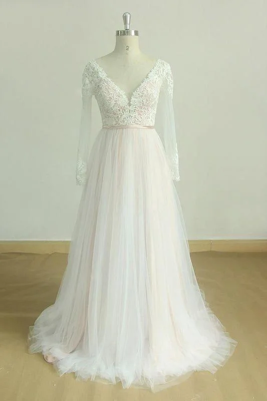 Bridelily Long Sleeve Lace Tulle A-line Wedding Dress