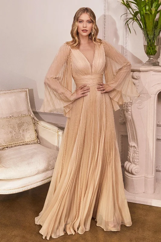 Cinderella Divine CD242 Long Sleeve Pleated Formal Prom Dress Champagne