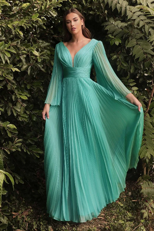 Cinderella Divine CD242 Long Sleeve Pleated Formal Prom Dress Jade