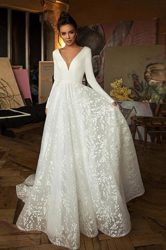 CPS1843 Long Sleeve V-neck Boho Bridal Gowns Backless Lace Wedding Dress