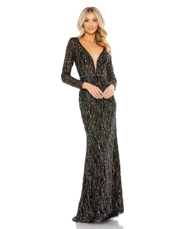 Beautiful Floor-Length Dress Mac Duggal 11159 Long Sleeve Beaded Formal Prom Dress