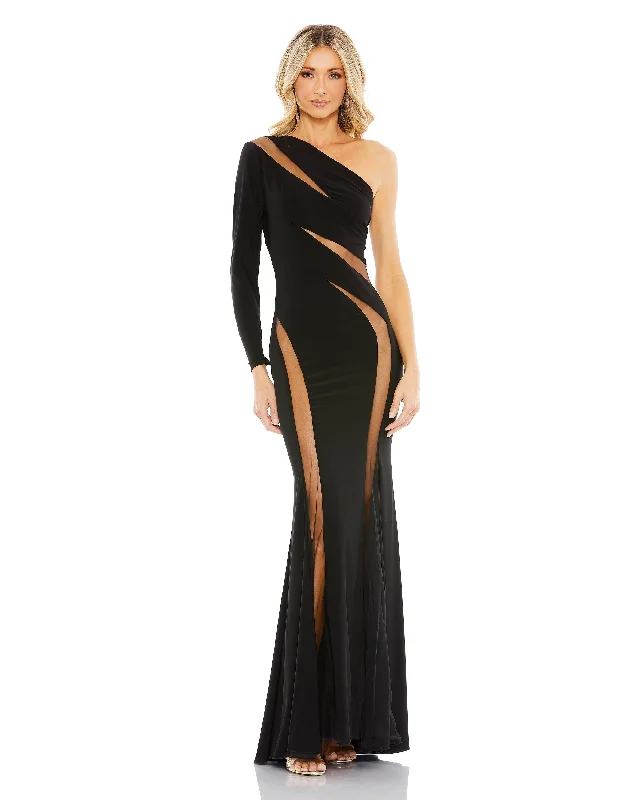 Navy Blue Gown Mac Duggal 11311 Long One Shoulder Formal Dress