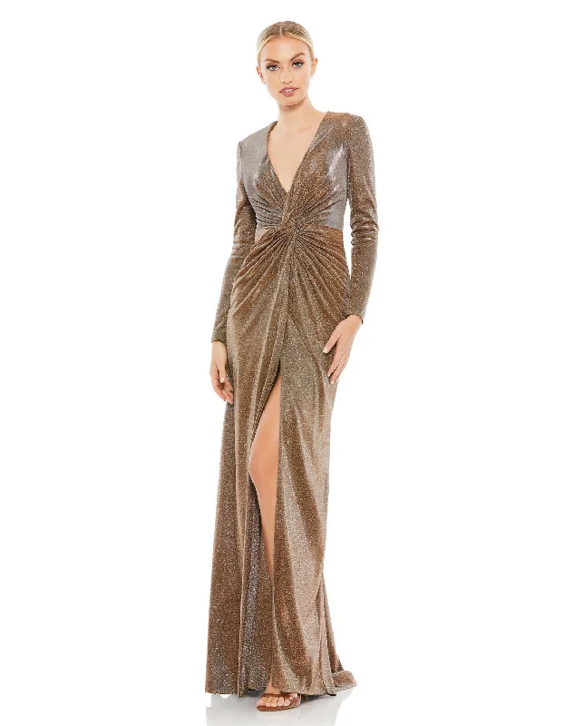 Draped Satin Gown Mac Duggal 261941 Long Sleeve Formal Prom Dress