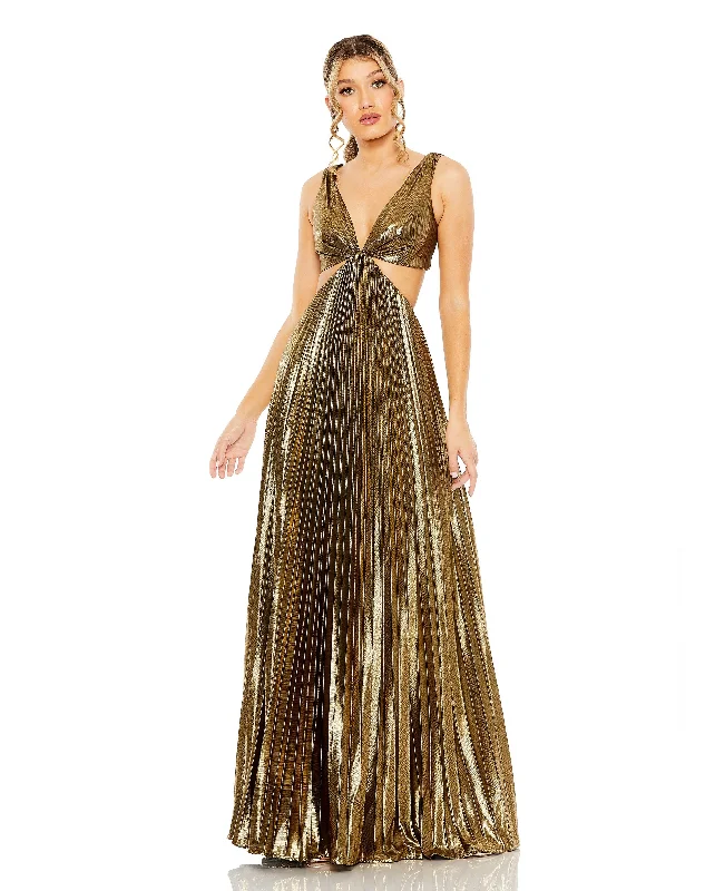 Unique Cocktail Dress Mac Duggal 27083 Long Sleeveless Pleated Metallic Prom Dress