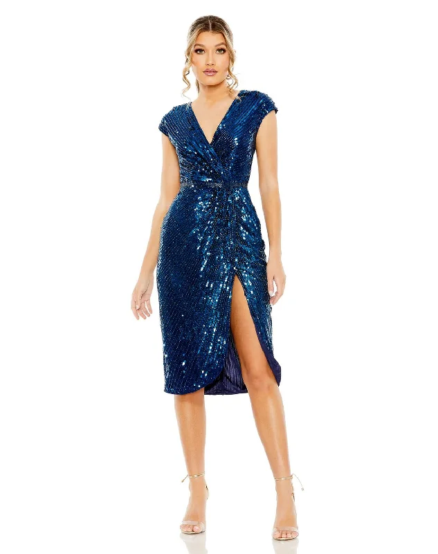 Modern Ball Gown Mac Duggal 5777 Short Sequin Faux Wrap Front Slit Dress