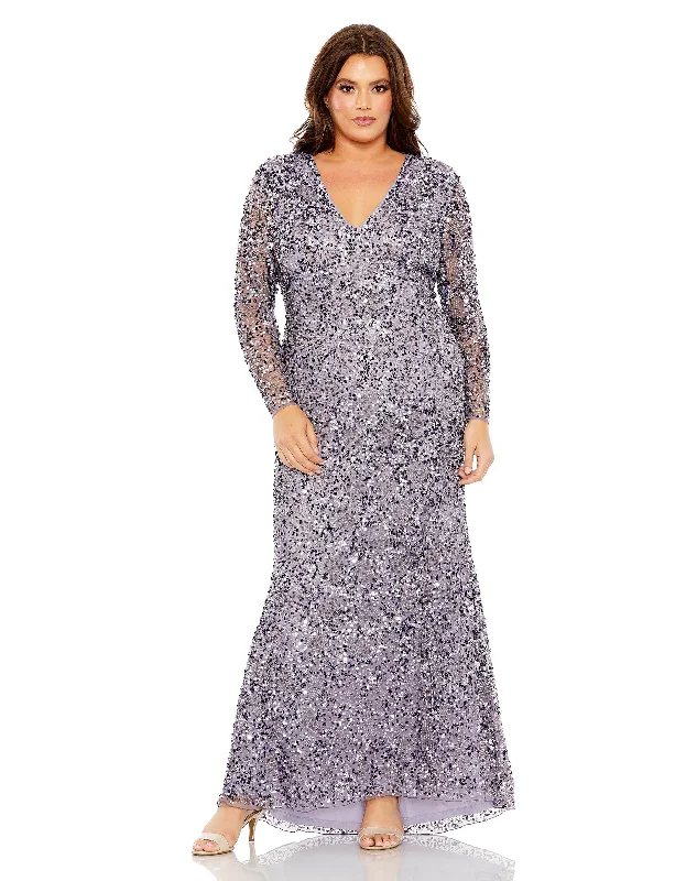 Romantic Soft Satin Dress Mac Duggal 93865 Long Sleeve Sequin Plus Size Formal Dress