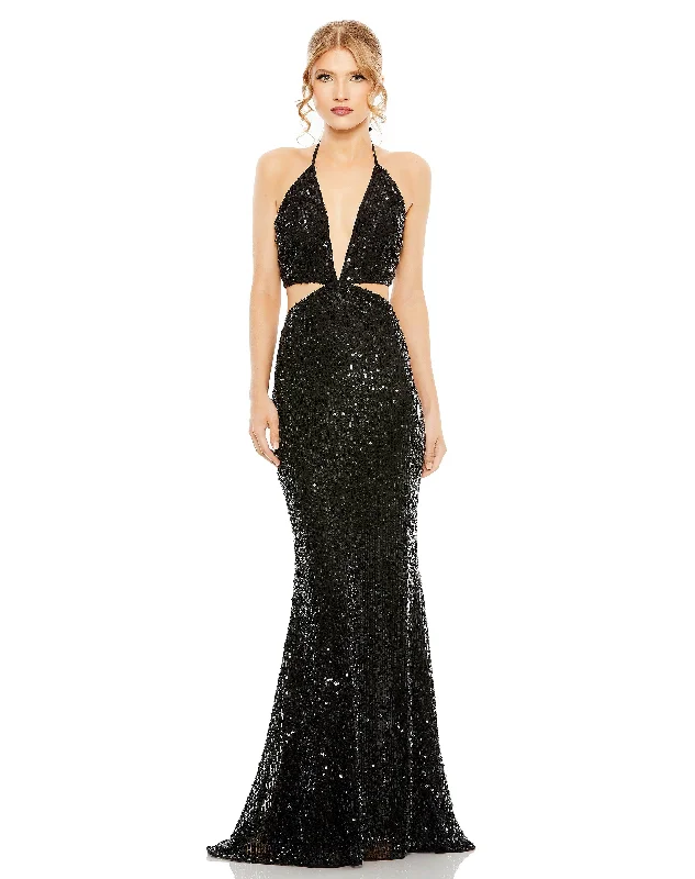 Hollywood-Inspired Gown Mac Duggal 93977 Long Formal Halter Prom Dress