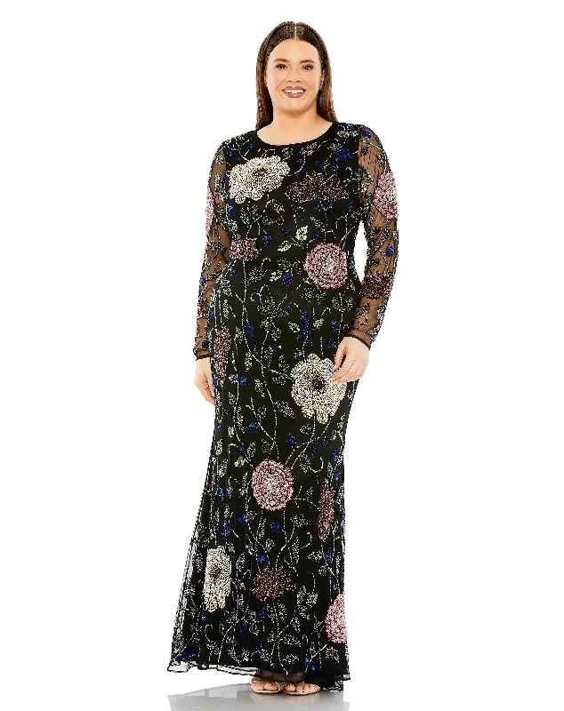 Navy Blue Gown Mac Duggal 94011 Long Sleeve Floral Plus Size Formal Dress