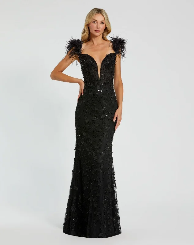 Party Ready Dress Mac Duggal 20889 Long Fitted Feather Straps Prom Dress