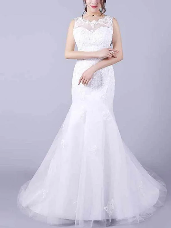 Mermaid \ Trumpet Wedding Dresses Jewel Neck Floor Length Lace Sleeveless Casual Plus Size