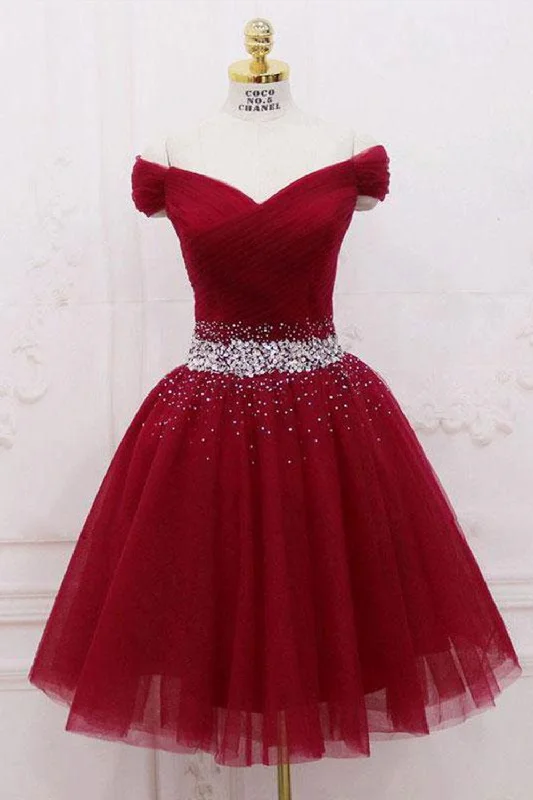 Off Shoulder Burgundy Short Prom Dresses with Sequins, Off the Shoulder Burgundy Homecoming Dresses, Burgundy Formal Graduation Evening Dresses