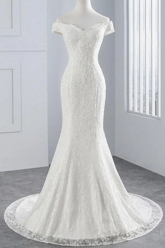 Bridelily Off Shoulder Lace-up Mermaid Lace Wedding Dress