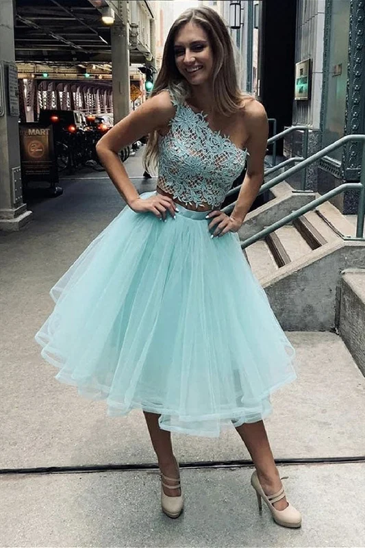 One Shoulder Two Pieces Blue Lace Short Prom Dresses, 2 Pieces Blue Homecoming Dresses, Blue Lace Formal Evening Dresses