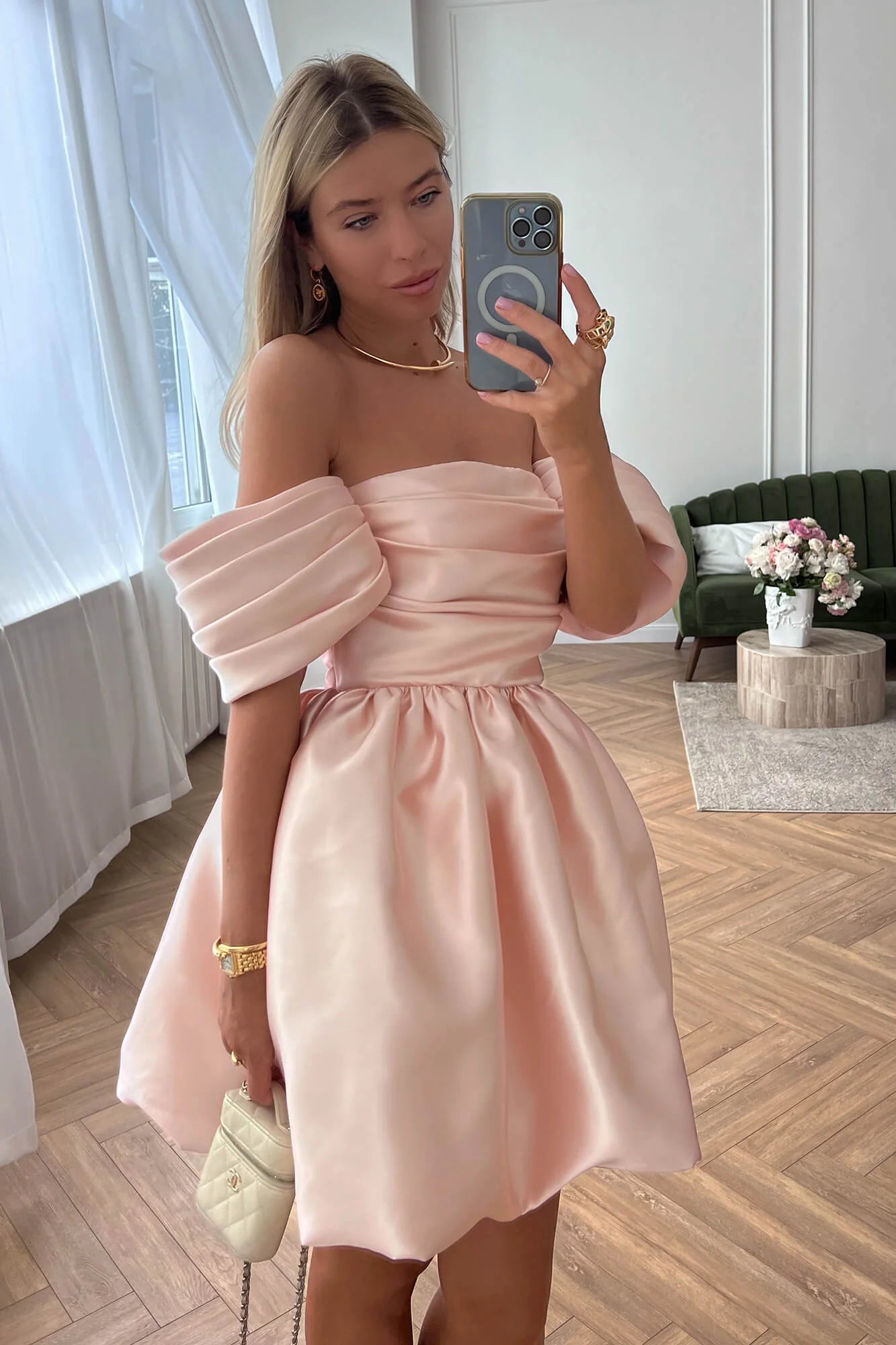 Pink Satin Homecoming Dress with Dropped Sleeves