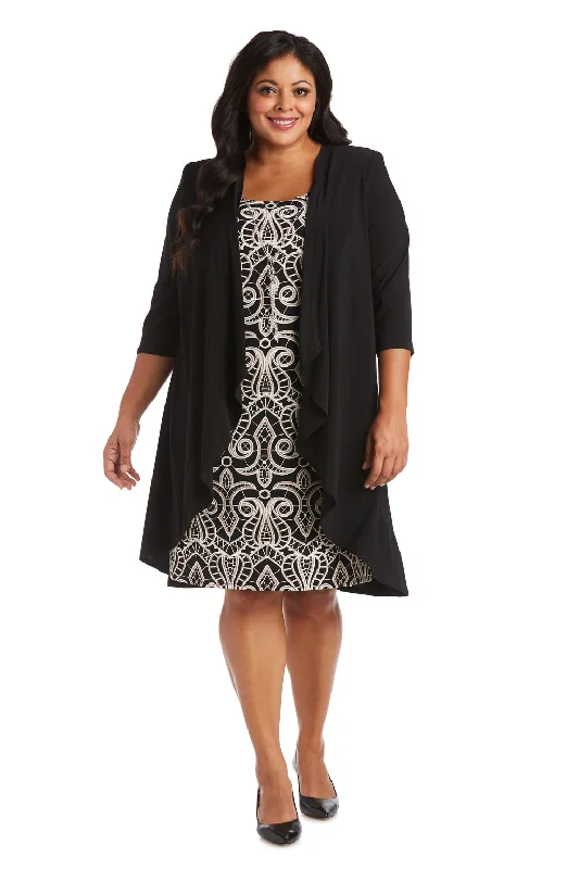 Elegant Beaded Dress R&M Richards 5798W Short Printed Plus Size Dress Jacket Set