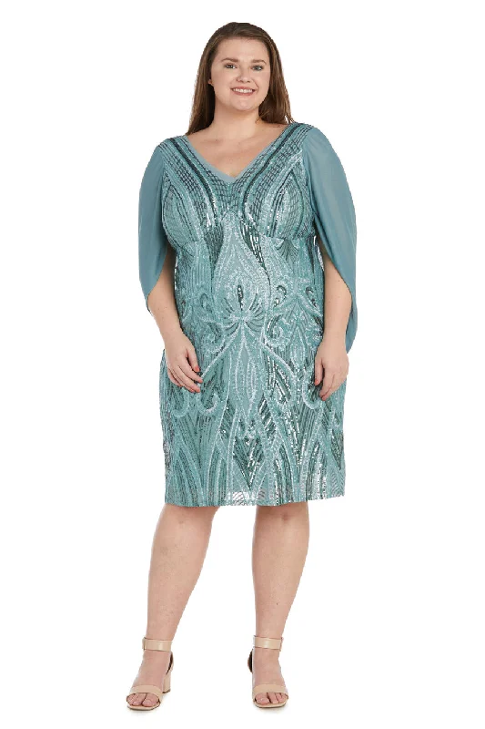 Wedding Reception Gown R&M Richards 9422W Sequin Cocktail Cape Plus Size Short Dress