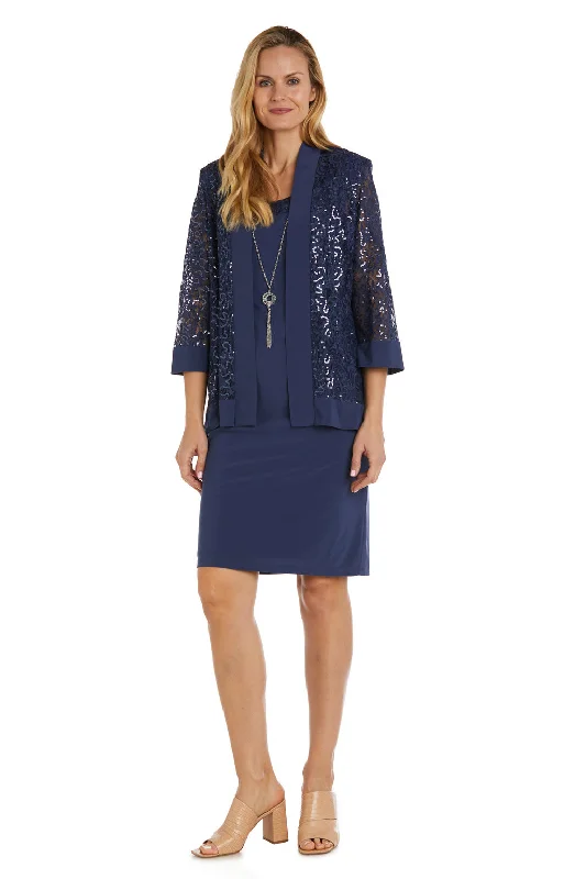 Navy Blue Gown R&M Richards 9587 Sequin Mother of the Bride Short Jacket Dress