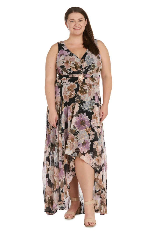 Regal Velvet Gown R&M Richards 9804W Plus Size Floral Print High Low Dress