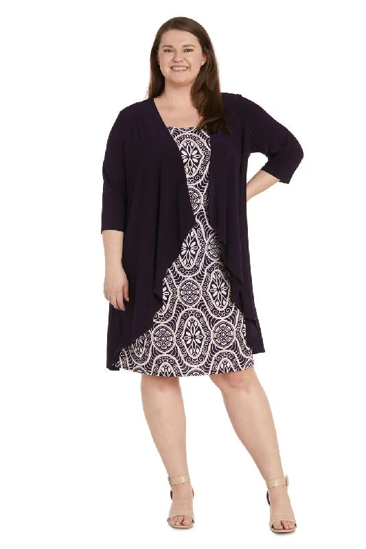 Dainty Chiffon Dress R&M Richards 9927W Printed Jacket Plus Size Short Dress