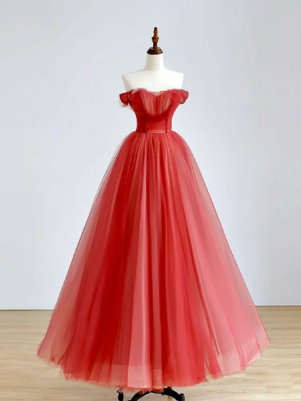 Chic Maxi Dress Red A-Line Long Prom Dress, Red Tulle Formal Graduation Dresses
