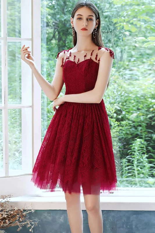 Round Neck Burgundy Lace Short Prom Dresses, Burgundy Lace Homecoming Dresses, Burgundy Formal Evening Dresses