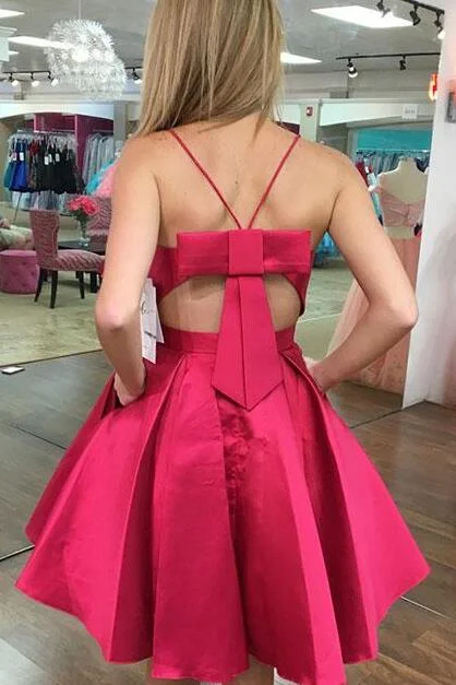 Satin French Fuchsia Homecoming Dress Short Bow Ribbon Back