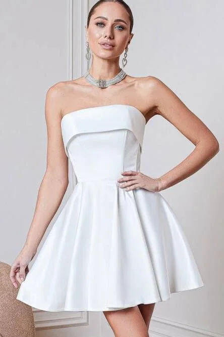 Satin White Mini Wedding Dress with Fold Strapless Neckline