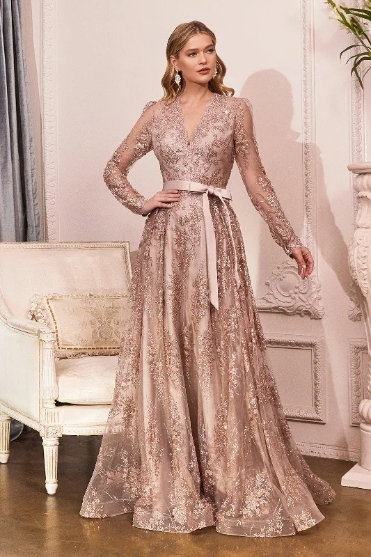 Cinderella Divine CD233 Long Sleeve Formal Dress Evening Gown Rose Gold