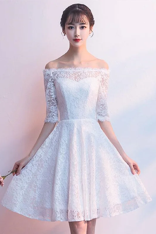 Short Sleeves White Lace Short Prom Dresses, Off Shoulder White Homecoming Dresses, White Lace Formal Graduation Evening Dresses