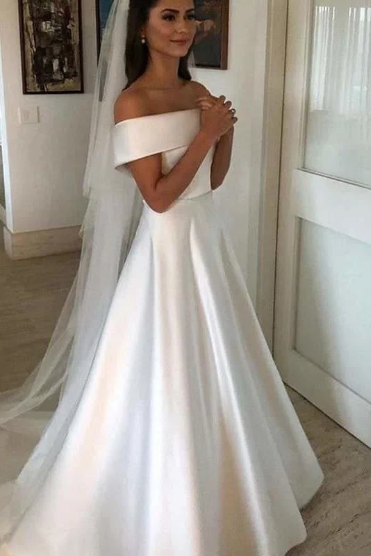 FY7279 Simple A Line Wedding Dresses Satin Off The Shoulder Wedding Dress