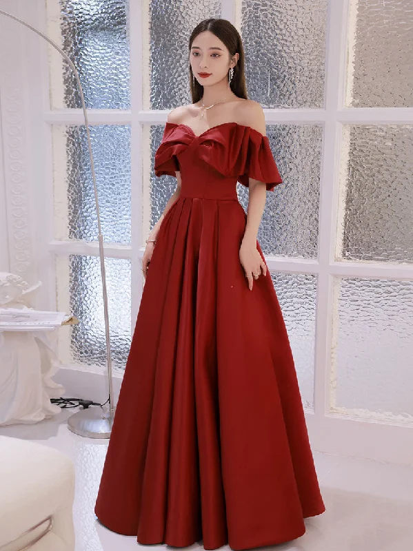 Chic Maxi Dress Simple Aline Burgundy Satin Long Prom Dress, Burgundy Evening Dress