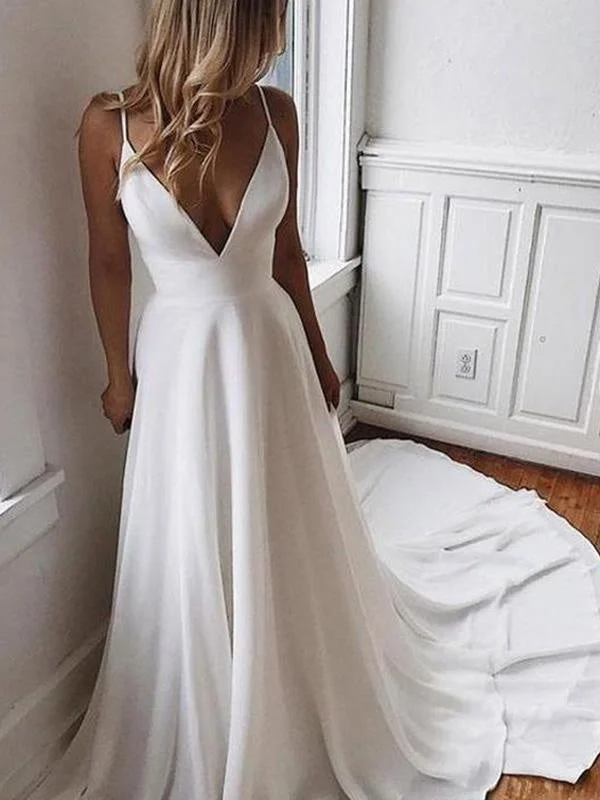 Simple V Neck Chiffon A Line Covered Button Boho Wedding Dresses