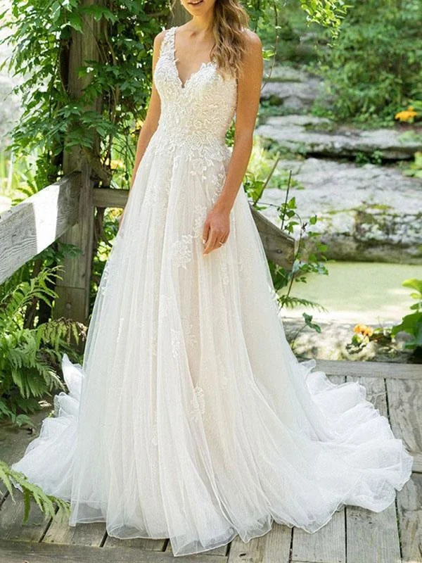 Simple Wedding Dress 2021 A Line V Neck Sleeveless Floor Length Beach Bridal Dresses With Train