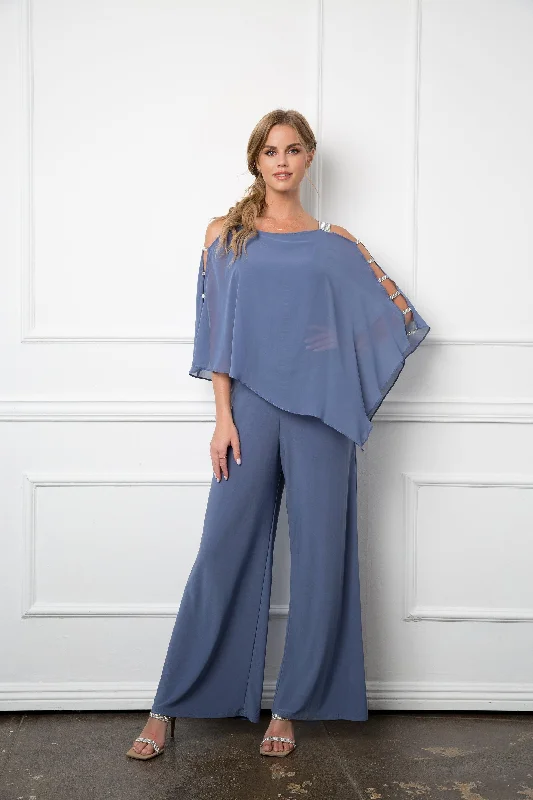 Trendy Party Dress Slate Blue XL Formal Chiffon Cape Overlay Jumpsuit Sale