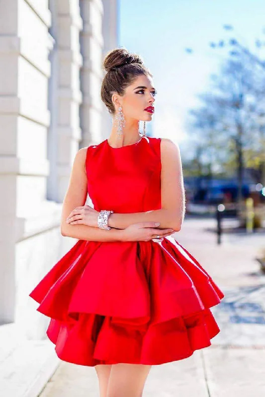 Sleeveless Satin Short Red Homecoming Gowns with Tiered Skirt