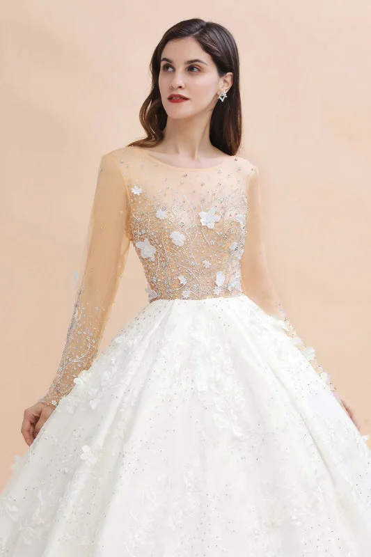 Floral Jewel Crystal Beads Long Sleeve Sheer Tulle Ball Gown Wedding Dress