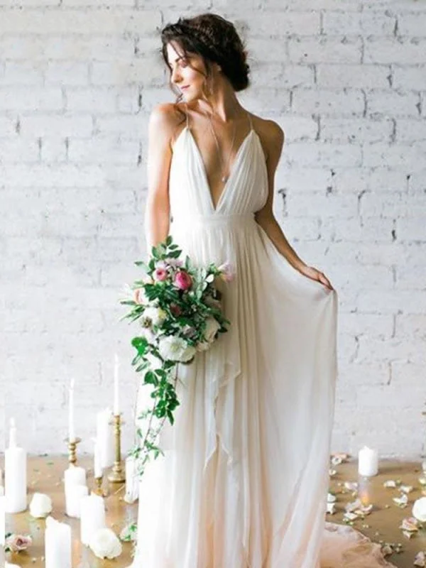 Spaghetti Straps V-neck A-line Sexy Backless Floor Length Wedding Dresses